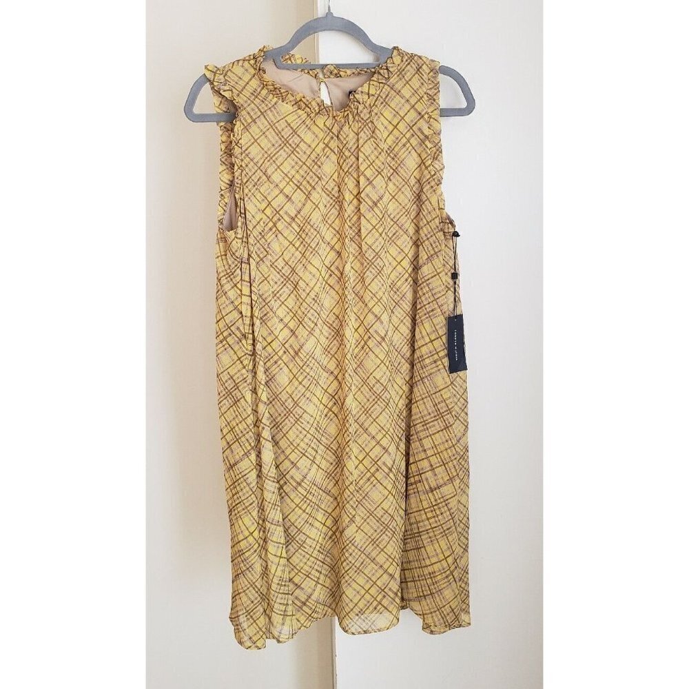 NWT $99 TOMMY HILFIGER TRAPEZE YELLOW BEIGE MINI RUFFLED DRESS SZ 14